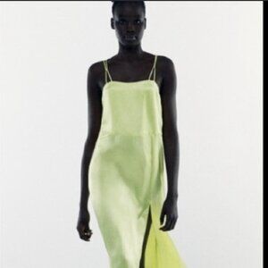 ZARA SATIN FLOWING STRAIGHT NECKLINE DRESS LIME SIZE SMALL 2930/686
